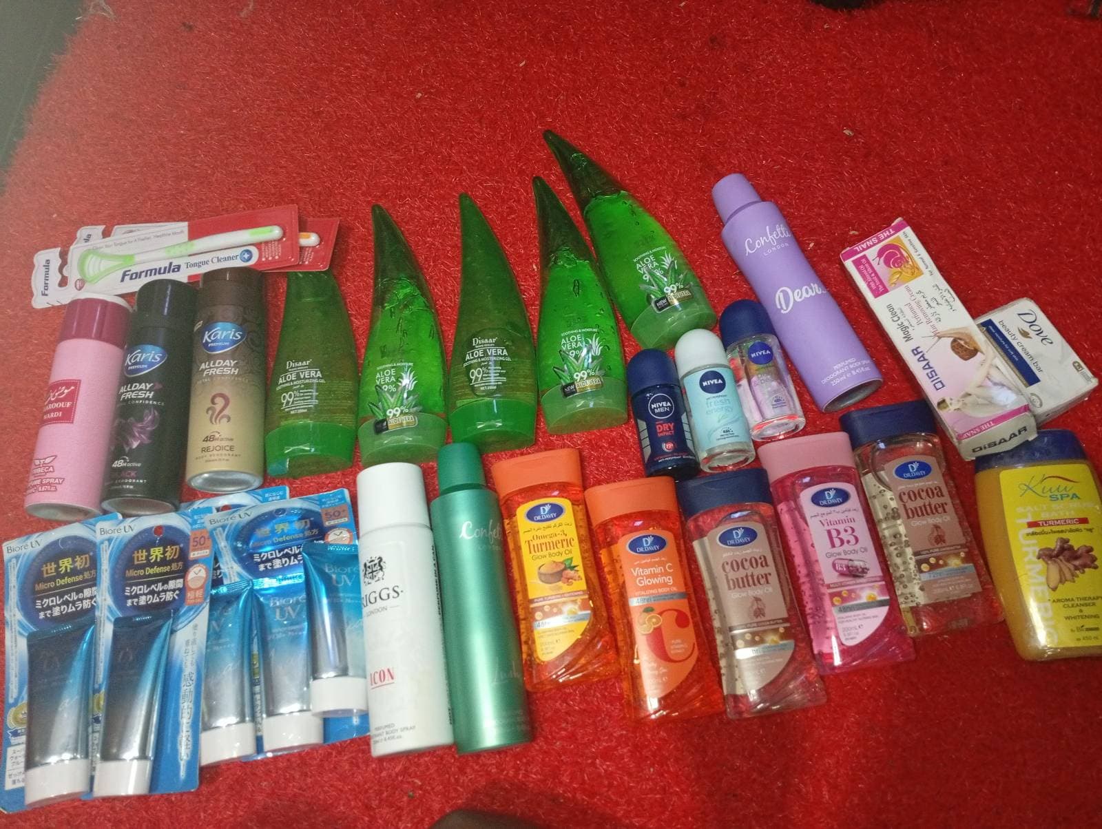 Sunscreen, moisturiser body oil, body scrub, body spray, roll-on, shaving cream