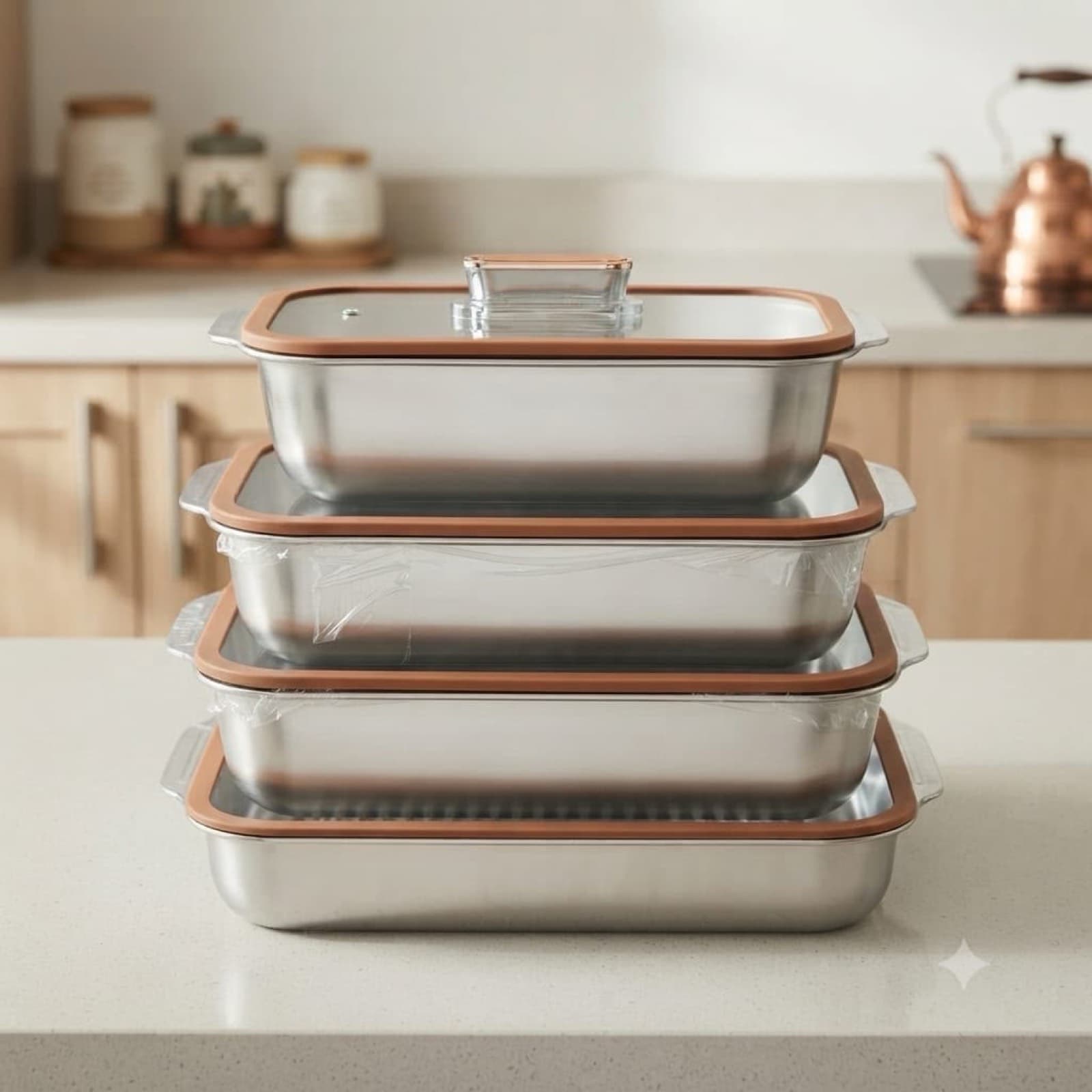 À series of serving trays with lids